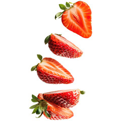 Sliced strawberries, sliced and suspended in the air with spaces between the slices, isolated on transparent background