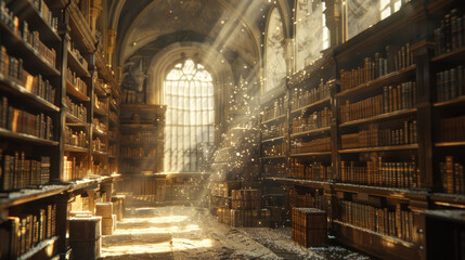 Sunlight filters through a large stained glass window, illuminating the dusty air and casting a warm glow over an expansive library