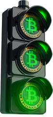 A traffic signal displaying a Bitcoin token - Cut out, Transparent background