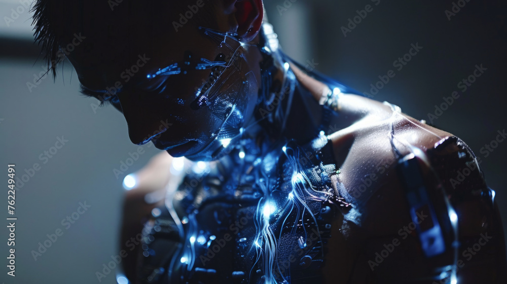 Poster cybernetic human with advanced technology integration, highlighted by neon blue lights and set again