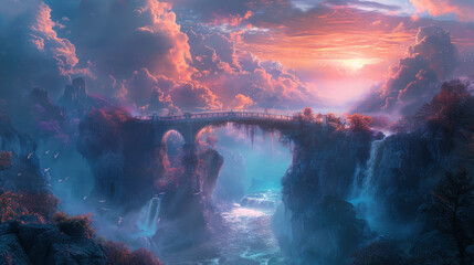 A scenic digital artwork of a fantasy landscape with a bridge spanning across waterfalls under a vibrant sunset sky.