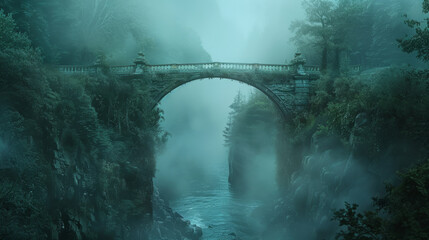 An old stone bridge spans across a misty, forest-lined ravine with a river flowing beneath it. The scene is engulfed in a serene fog, adding a mystical atmosphere to the landscape. - obrazy, fototapety, plakaty