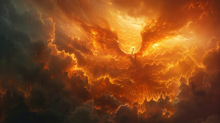A digital artwork depicting a majestic phoenix rising from flames amidst a dramatic sky filled with clouds, conveying a sense of rebirth and power - obrazy, fototapety, plakaty