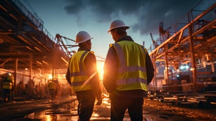 Civil engineer and safety officer inspection construction worker teamwork election steel truss in construction site.