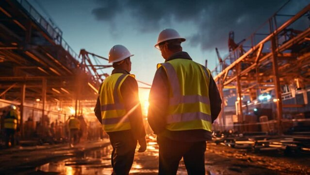 Civil engineer and safety officer inspection construction worker teamwork election steel truss in construction site.