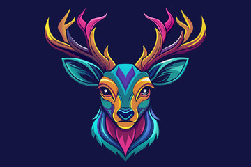 a hippy deer head, print ready vector t-shirt design, sticker dark black background, professional vector, high detail, t-shirt design, graffiti, vibrant, Use only all shades of magenta, teal blue