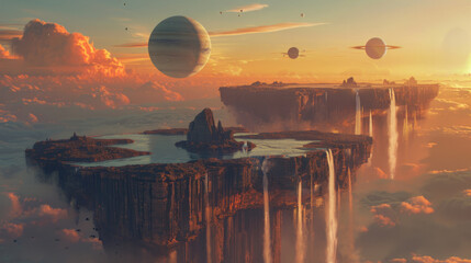 A fantastical landscape with towering cliffs and waterfalls, floating islands above the clouds, and alien planets visible in the sky during a vibrant sunset.