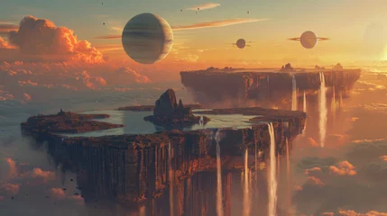 Gordijnen A fantastical landscape with towering cliffs and waterfalls, floating islands above the clouds, and alien planets visible in the sky during a vibrant sunset. © ChubbyCat