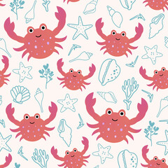 Funny crabs seamless pattern. Hand drawn pink or orange cute sea animals scattered on white background with silhouettes of shells, sea stars and corals. Kids underwater life allover illustration