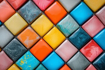 Closeup vibrant mosaic tile wall with colorful designs and patterns in various shades and hues