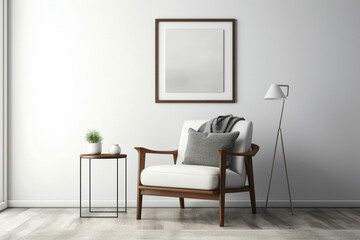 Minimalistic living room decor featuring white frame, armchair, table, lamp.