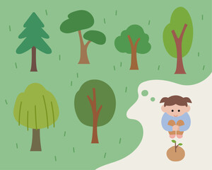 A little girl is wondering what kind of tree this will be. flat style vector illustration 