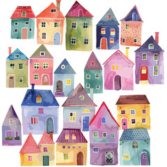 Watercolor Colorful Houses Clipart 