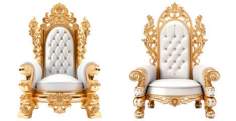 Set of white and gold throne, isolated on transparent background