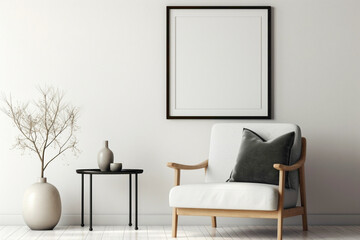 Minimalistic decor in living room with white frame, armchair, table, lamp. - obrazy, fototapety, plakaty
