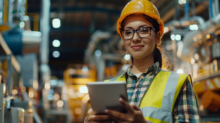 Smiling portrait of a female industrial engineer working on a tablet computer