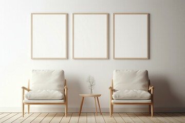 Minimalistic beige chair and blank frame on a soft wall background. - obrazy, fototapety, plakaty