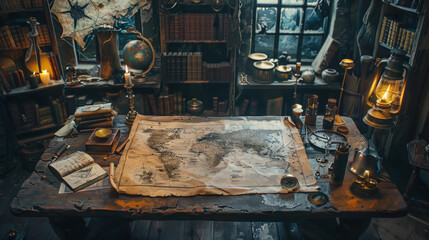 A vintage explorer's desk filled with maps, a globe, compass, lantern, and navigation tools, exuding an atmosphere of adventure and discovery in a dimly lit room with a window in the background.