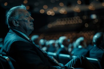 Senior businessman attentively listening at a conference among other attendees.


