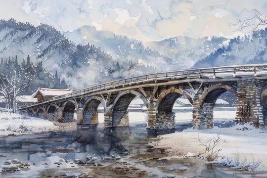 A tranquil watercolor image of the famous Kintai Bridge. It captures the beautiful curves and tranquil surroundings.