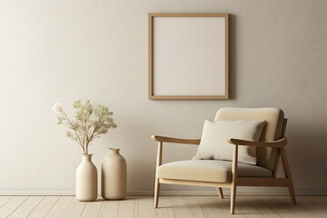 Minimalistic beige chair and blank frame on a soft wall background.