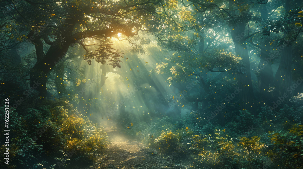 Poster a mystical forest with sunlight streaming through the dense canopy, illuminating the lush greenery a