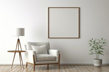 Minimalist white frame on plain living room wall with armchair, table, lamp.