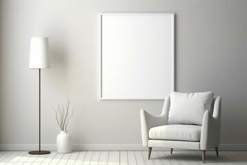Minimalist white frame hanging in living room with armchair, table, lamp. - obrazy, fototapety, plakaty