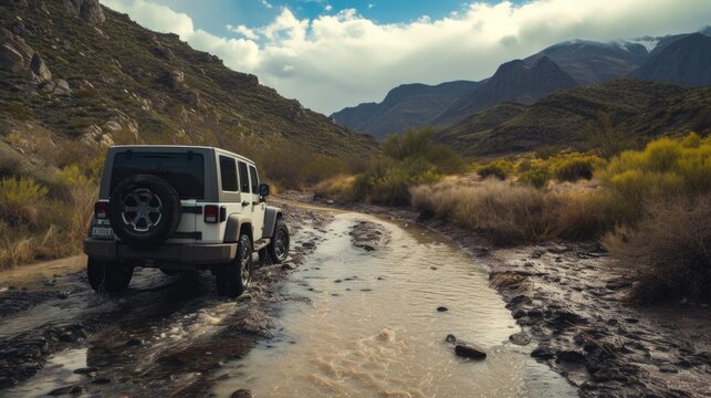 SUV Crossing Mountain Stream