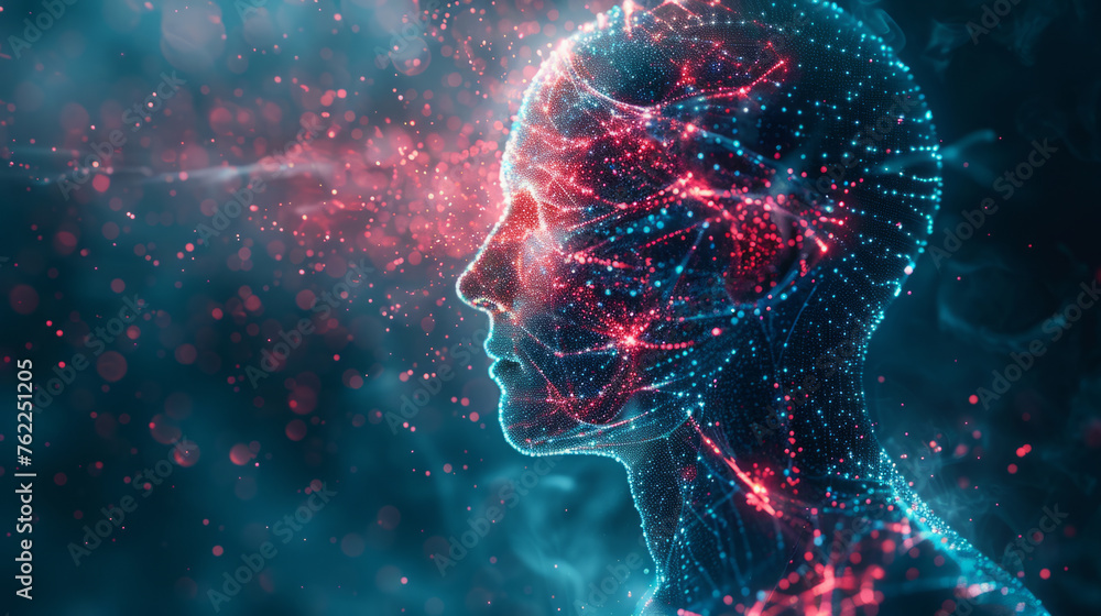 Poster digital illustration of a human head profile made with glowing dots and lines, representing an artif