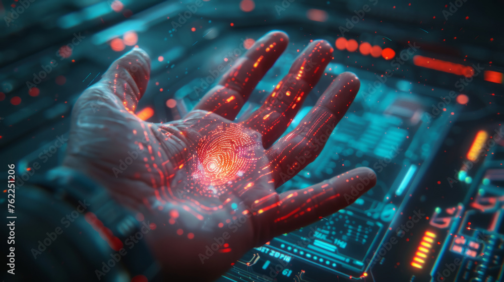 Poster a close-up view of a hand with a glowing fingerprint pattern overlay against a backdrop of futuristi