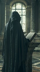 In the dimly lit chamber, an ancient book sits open on a marble pedestal, revealing the secrets of a clandestine society A cloaked figure approaches, shrouded in mystery Photography, Silhouette lighti