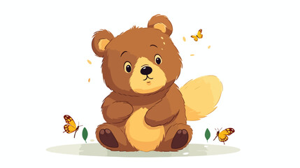 Obraz na płótnie Canvas Cute cartoon bear playing with yellow moths
