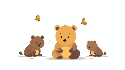 Obraz na płótnie Canvas Cute cartoon bear playing with yellow moths