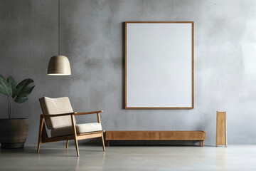 Minimalist living space with wooden furniture and empty poster frame against textured concrete wall.
