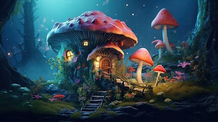 Fototapeta na wymiar Fantasy landscape with fantasy house and mushrooms. 3d illustration
