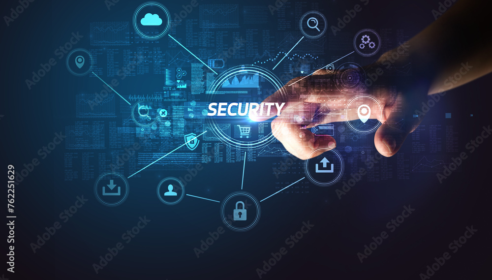Poster hand touching cybersecurity button concept