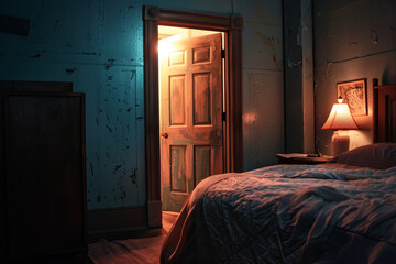 A bedroom with the door opened at night