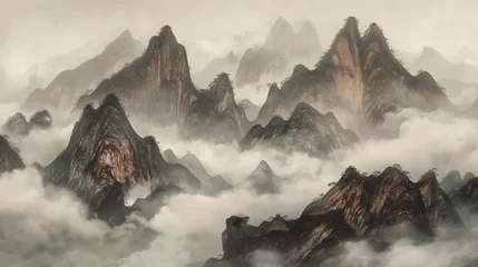 Foto op Plexiglas Traditional Chinese watercolor style of forest mountains  in China. © Yin