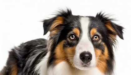 Australian shepherd dog - Canis lupus familiaris - is a breed of herding dog from the United States isolated on white background closeup of face and head looking at camera