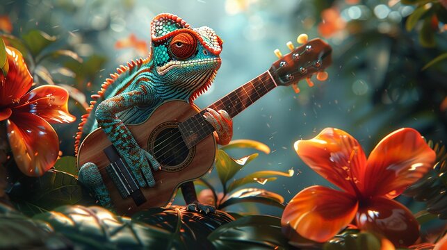 Chameleons with tiny guitars serenading vacationers under a canopy of tropical trees HD sharpness and balance of the image