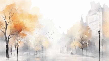 watercolor drawing autumn city park landscape on a white background in light autumn yellow tones, abstract view - 762251830