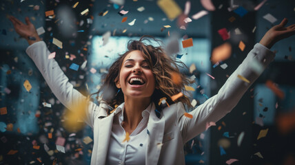 Female employee is happy and celebrates business success Reflects happiness and success in the workplace - obrazy, fototapety, plakaty