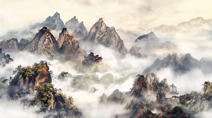 Traditional Chinese watercolor style of forest mountains  in China.