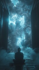 In a dimly lit room, a figure sits at a crossroads, surrounded by swirling clouds of uncertainty The camera peers from above, capturing the moment of choice in a 3d render with dramatic spotlighting - obrazy, fototapety, plakaty