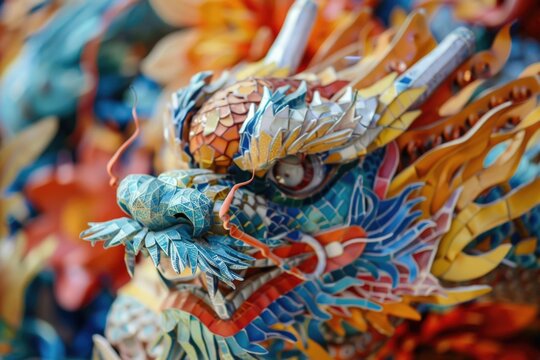 Vibrant dragon sculpture in festive setting. Close-up of traditional Asian art.