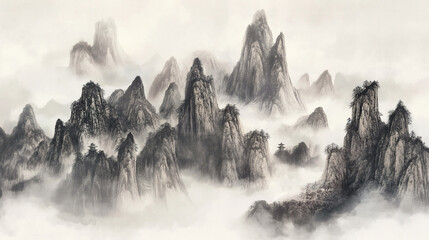 Traditional Chinese watercolor style of forest mountains  in China.