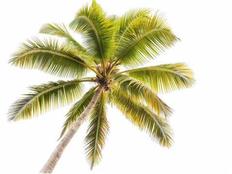 A single palm tree with lush green fronds against a white background, evoking a sense of the tropics and relaxation.
