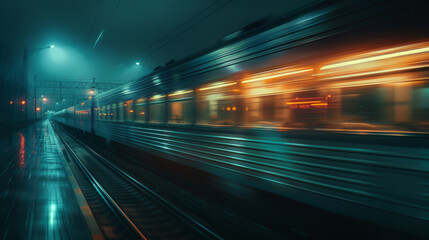 A high-speed train in motion on tracks at night, its lights blurring into streaks against a dark, atmospheric backdrop and a mood of rapid movement and modern transportation. - obrazy, fototapety, plakaty