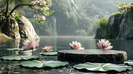 Obraz premium Presentation Products Podium In Serene Ambience With Water Basin And Lotus. Japanese Inspired Podium To Promote Products
